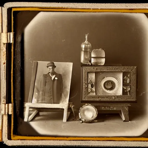 Image similar to Tintype photograph of objects displayed in an ethnographic museum, primitive display, anthropology of wonder, in the style of Marcel Duchamp, found objects, ready-made, 1920s studio lighting.