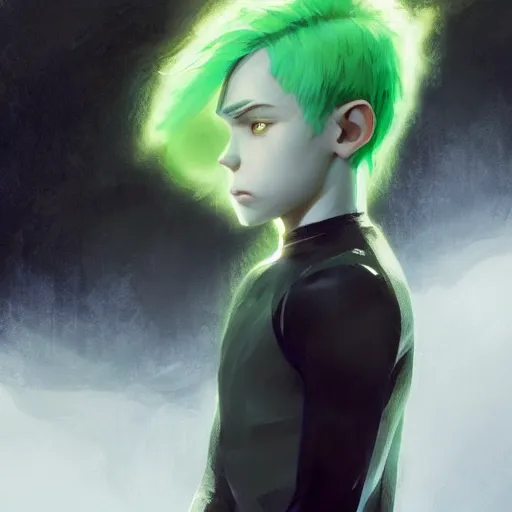 Image similar to a 14 year old teenage ghost boy with pale skin white hair and glowing green eyes. Wearing a black spandex suit. White breath showing in the cold air. Kuvshinov ilya. Ruan Jia. By Greg Rutkowski