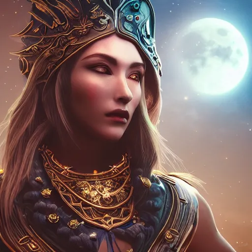 Prompt: portrait of moon sorceress, beautiful, attractive, glowing, jaw dropping, dynamic lighting, dark, menacing, intricate and detailed, 4 k octane render, age 1 9