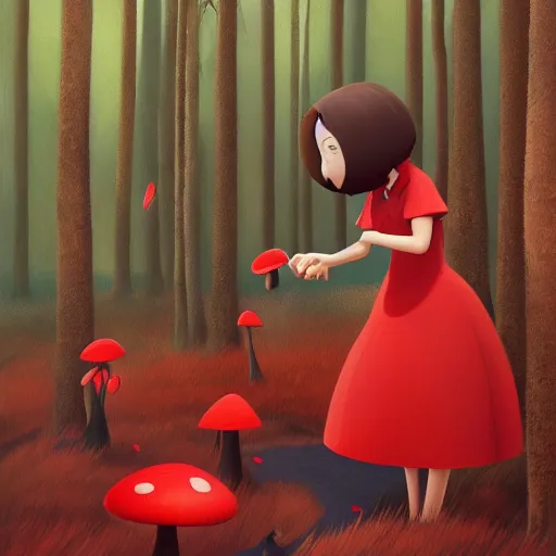 Image similar to goro fujita ilustration brunette girl in red dress picking mushrooms in the forest, painting by goro fujita, sharp focus, highly detailed, artstation