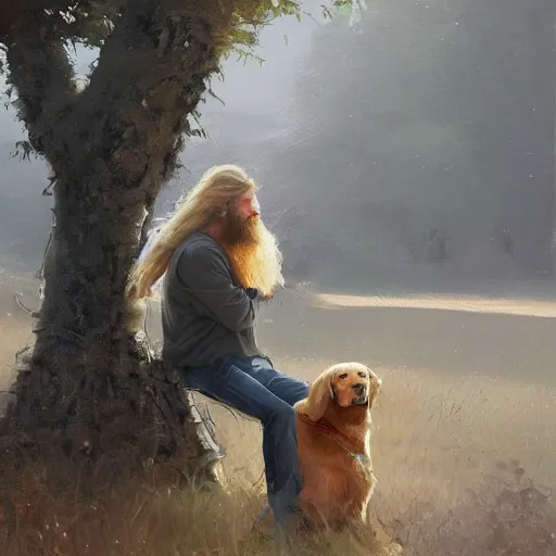 Image similar to oil painting of a young man with long hair blond and a beard hippie style painting on a golden retriever, people watching around, by greg rutkowski, artstation