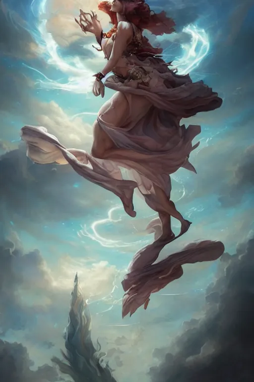 Image similar to sorceress falling through the sky, by peter mohrbacher, artgerm, karol bak, loish, ayami kojima, james stokoe, highly detailed, ultra detailed, ultra realistic, trending on artstation