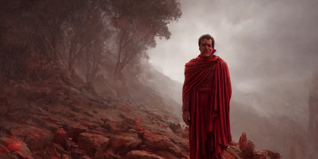 Image similar to the end is near. a tired julius caesar standing in the atlas mountains. face is highly detailed. splices of red are running down his toga. mist. color scheme red. low angle close shot. atmospheric. global illumination. unreal engine render. imagined by jeremy lipking