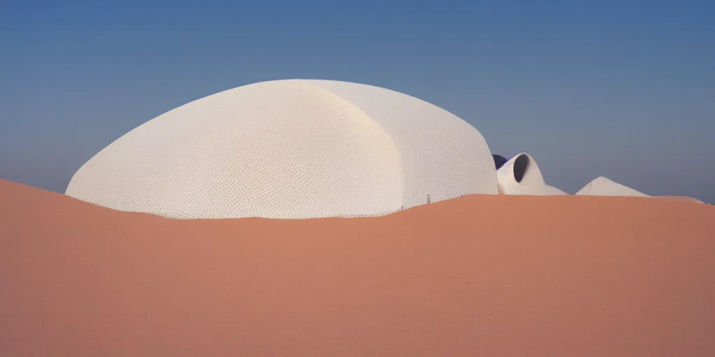 Prompt: real white honeycomb organic building sitting on the dune desert, film still from the movie directed by denis villeneuve aesthetic with art direction by zdzisław beksinski, telephoto lens, shallow depth of field