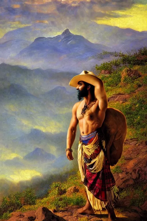 Prompt: an epic dramatic ethereal painting of a handsome desi cowboy on a mountain path. he has a muscular build and is wearing a scottish plaid kilt and cowboy hat | background is mountains and clouds | homoerotic, golden hour, dramatic lighting | by louis comfort tiffany, by clyde aspevig, by albert bierstadt | trending on artstation