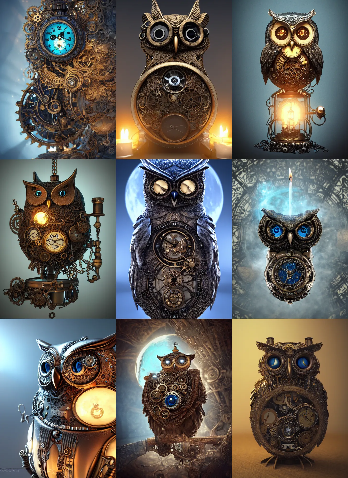 Image similar to steampunk owl pocketwatch, intricate detail, volumetric lighting, epic composition, hyper detailed, ultra realistic, sharp focus, octane render, candle, blue moon, volumetric, ray tracing, artstation trending, cgsociety, sense of awe, swirling mist, 4 k