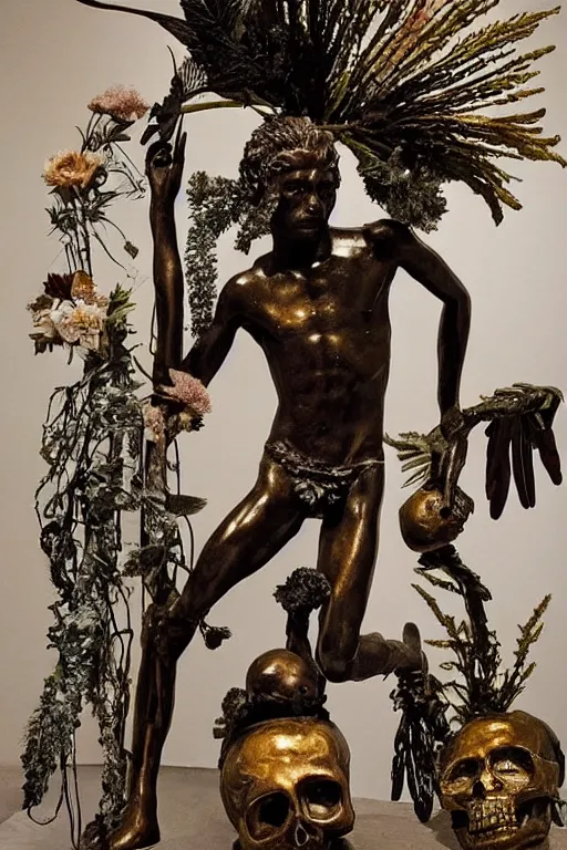 Image similar to Jean-Michel Basquiat as a bronze full-body statue of Icarus spreading his arms and arching his back for flight, glowing quartz crystal skull, wreath of ferns, flowing sakura-colored silk, fabric, flowers. baroque elements, human skull. full-length view. baroque element. intricate artwork by caravaggio. many many birds birds on background. Trending on artstation. halo. octane render, cinematic, hyper realism, octane render, 8k, depth of field, 3D