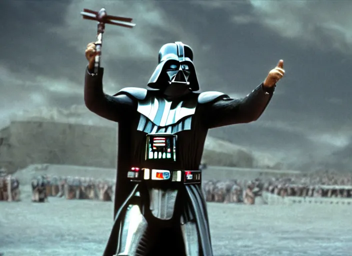 Image similar to film still of Darth Vader as Maximus in the arena with his arms up in Gladiator 2000, 4k