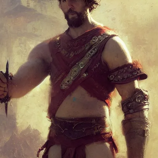 Image similar to young gladiator man with short sandy hair and a trim beard, big forehead, dopey expression, athletic, fantasy character portrait by greg rutkowski, gaston bussiere, craig mullins