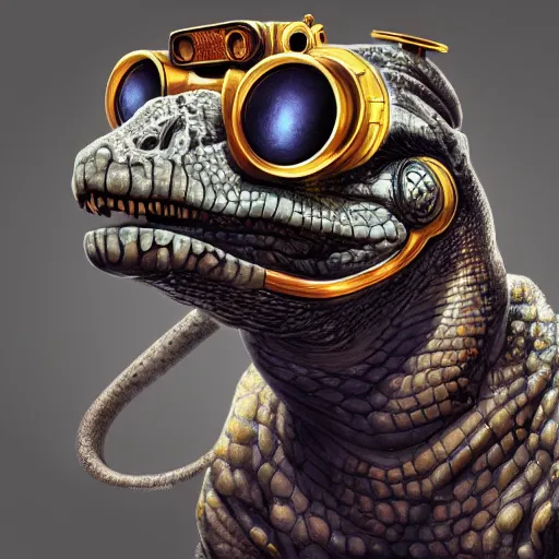 Prompt: a profile picture of a reptile with steampunk googles, by ROSS tran, 4k