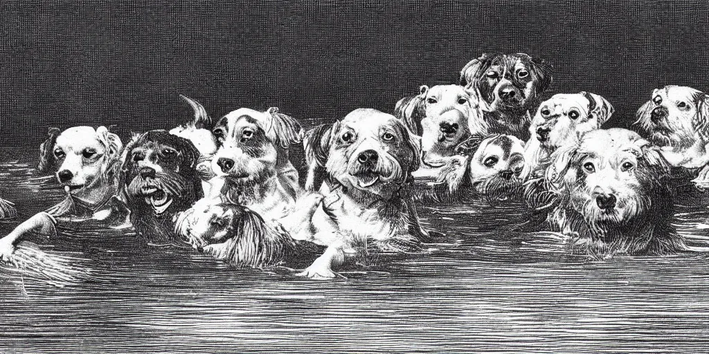 Prompt: an illustration of dogs swimming in a wide pool, vaudevillian, from 1890, detailed, vignette, high quality scan