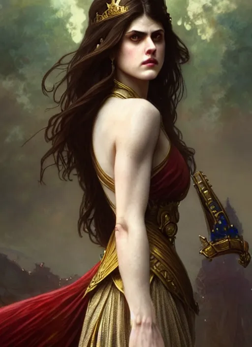 Prompt: alexandra daddario as queen, incredibly detailed face, light half opened dress, true anatomy, art by artgerm and greg rutkowski and alphonse mucha