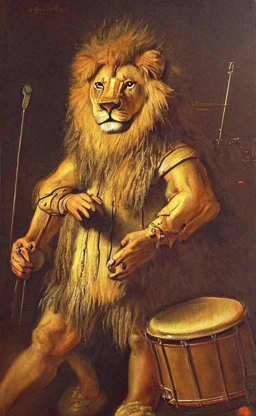 Prompt: a painting of a lion in a superstar outfit playing the drums with great energy, by rembrandt, featured on artstation