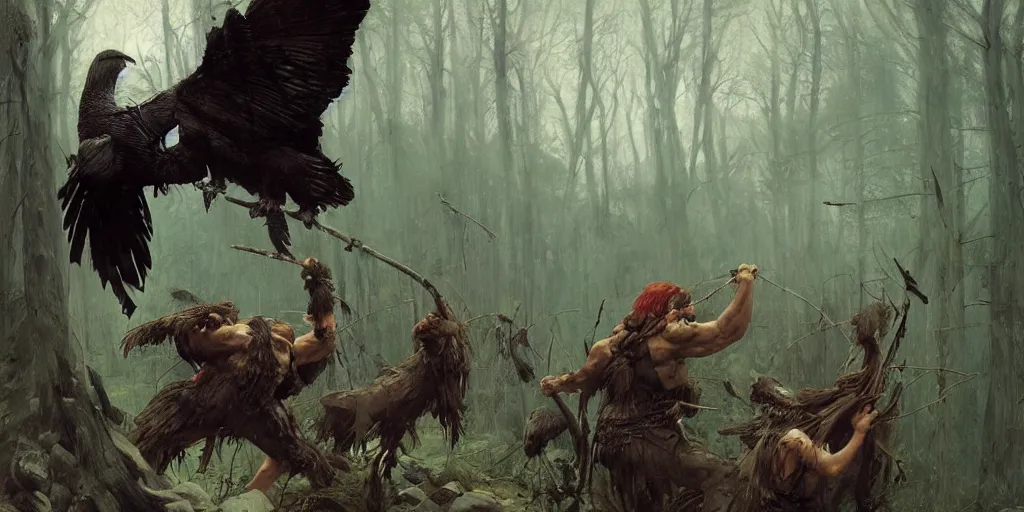 Image similar to angry barbarian norse god pushes an attacking raven from his face, dense forest, dusk, sunset, campfire, horizontal symmetry inception good composition artstation illustration sharp focus, vista painted by ruan jia raymond swanland lawrence alma tadema zdzislaw beksinski norman rockwell tom lovell alex malveda greg staples