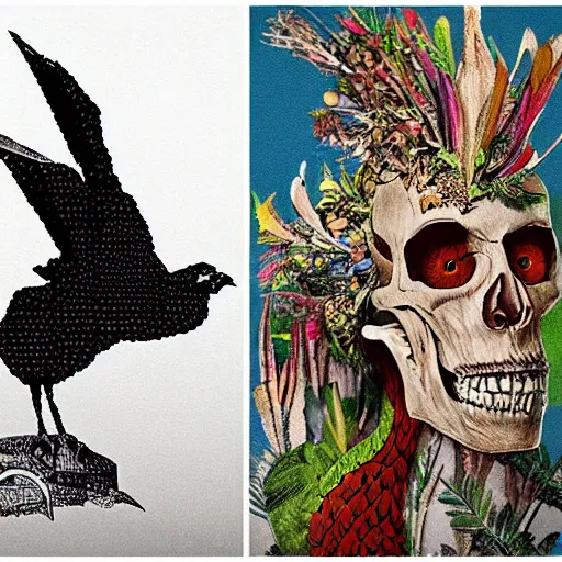 Image similar to by cecil beaton pixel art highly detailed. a collage of a man, with an animal skull for a head, & a large bird perched on his shoulder. the man is looking up at the bird with a fierce expression, & the bird is looking back at him with an equally intense gaze.