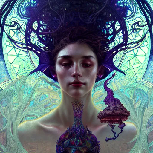 Image similar to An extremely psychedelic experience, surreal, dramatic lighting, magic mushrooms, psilocybin, LSD, face, detailed, intricate, elegant, highly detailed, digital painting, artstation, concept art, smooth, sharp focus, illustration, art by Krenz Cushart and Artem Demura and alphonse mucha