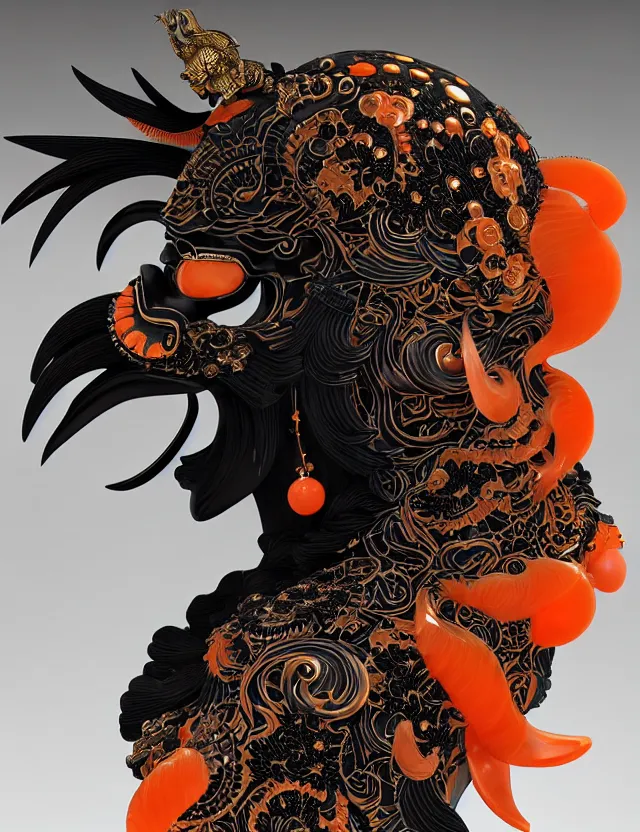 Image similar to 3 d goddess close - up profile portrait biomechanics with ram skull. beautiful intricately detailed japanese crow kitsune mask and clasical japanese kimono. betta fish, jellyfish phoenix, bio luminescent, plasma, ice, water, wind, creature, artwork by tooth wu and wlop and beeple and greg rutkowski. gold black teal and orange color scheme