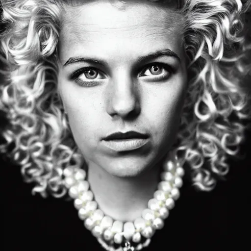 Image similar to symmetrical human portrait of lisa simpson with pearl necklace and with blonde curly hair, grainy high contrast black and white photography photo print ilford warm tone