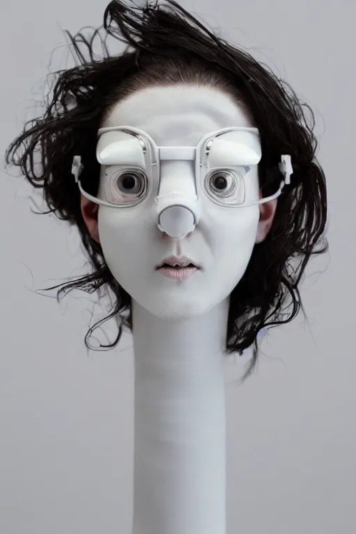 Prompt: full head and shoulders, beautiful female porcelain sculpture with lots of white 3 d cyborg elements, prosthetics, 3 d goggles, smooth, all white features on a white background, delicate facial features, white eyes, white lashes, detailed white, anatomical, transparency by daniel arsham and james jean