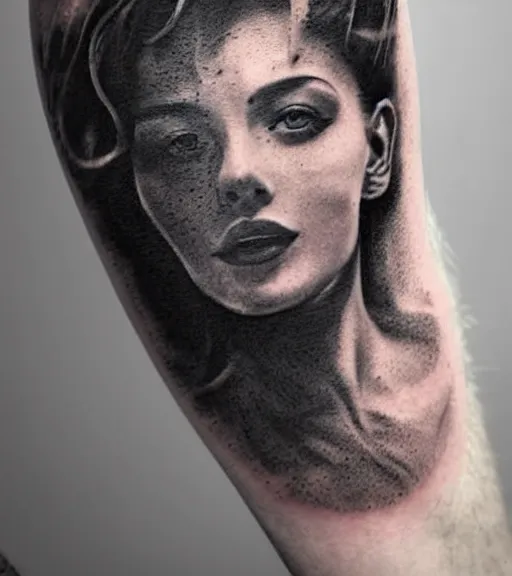 Image similar to tattoo design sketch of a beautiful woman face faded against a background of beautiful mountains and nature, hyper - realistic, in the style of den yakovlev, amazing detail, black and white