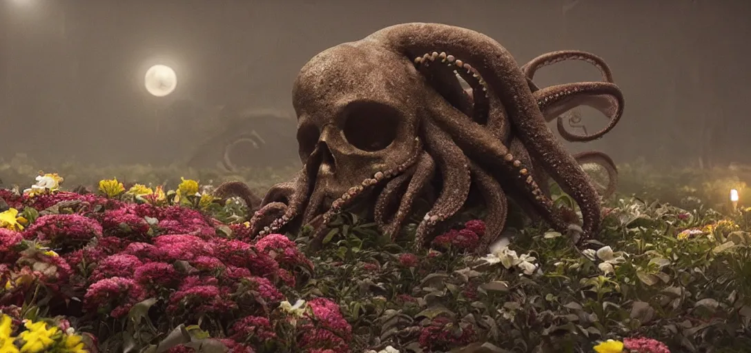 Prompt: an octopus in the shape of a skull surrounded by flowers at night, foggy, cinematic shot, photo still from movie by denis villeneuve, wayne barlowe