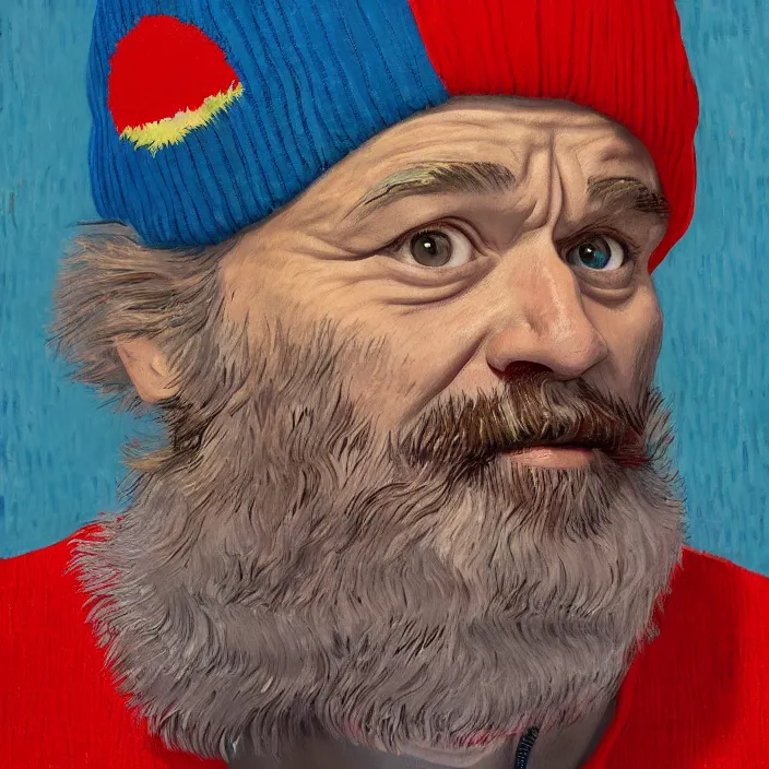 Image similar to portrait of bill murray as steve zissou, painting in the style of Wes Anderson. intricate artwork. by Van Gogh. octane render, trending on artstation, greg rutkowski very coherent symmetrical artwork. cinematic, high detail, octane render, 8k, iridescent accents