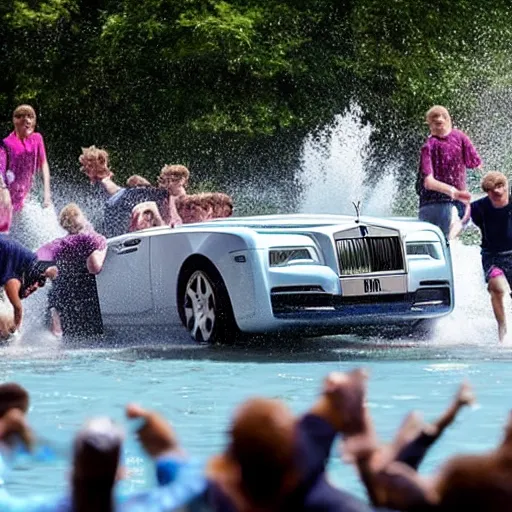 Image similar to Group of teenagers push Rolls-Royce into lake with their hands from a small slide