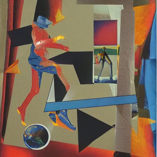 Prompt: a running man with a hat in a void space, long arm, collage by max ernst, collage, ultra detailed 16k