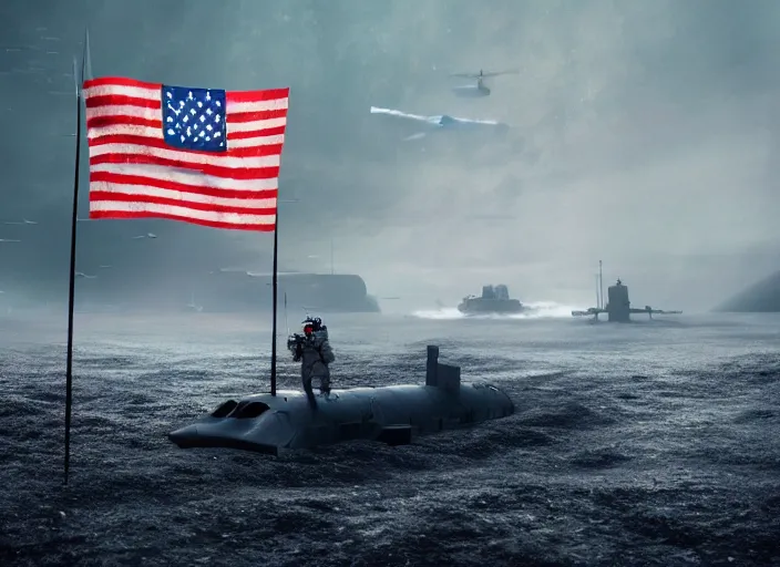 Image similar to astronaut holding a flag in an underwater desert. a submarine is visible in the distance. dark, concept art, cinematic, dramatic, atmospheric, 8 k, trending on artstation, blue, fish, low visibility, fog, ocean floor, christopher nolan, interstellar