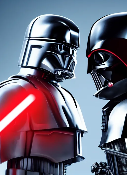 Prompt: Film poster, RoboCop VS Darth Vader, faces look at each other, detailed and realistic, 4k, filmic render