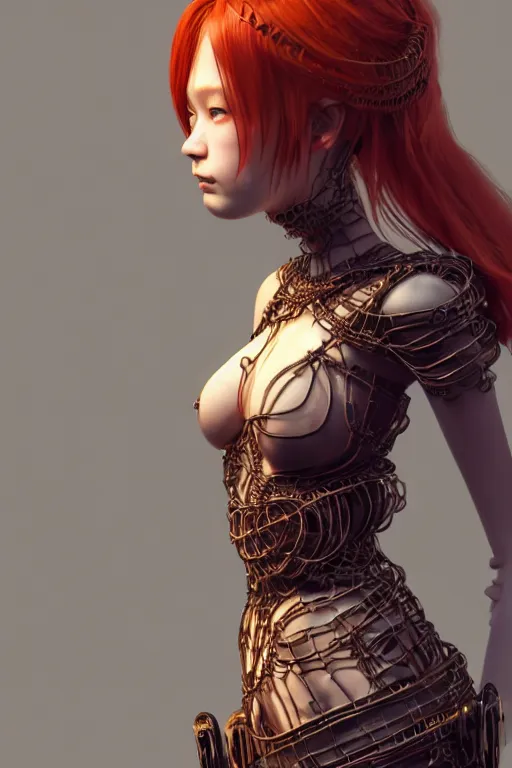 Image similar to redhead girl in ornate short dress made of wire and leather, character concept, angry light, dark mood, realistic body features and face, illustration, painting oil on canvas by Ayami Kojima and Tomoyuki Yamasaki and Tsutomu Nihei, octane render trending on artstation, 4k, 8k, HD