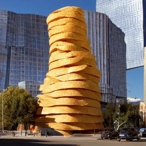 Image similar to a towering impressive building made of bread, cheese, and lunchmeat, designed by frank gehry