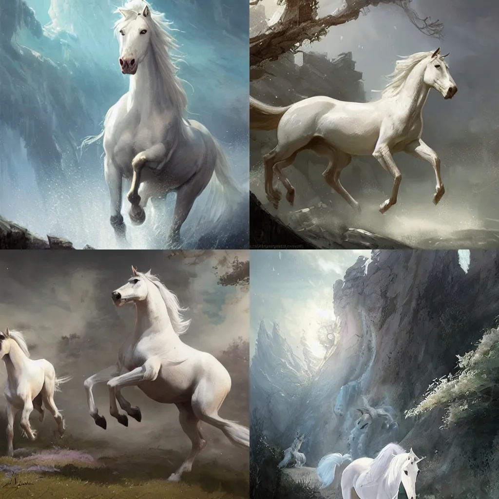 Prompt: magical, white mare funs in spring, fantasy concept art by J.Dickenson and Greg Rutkowski