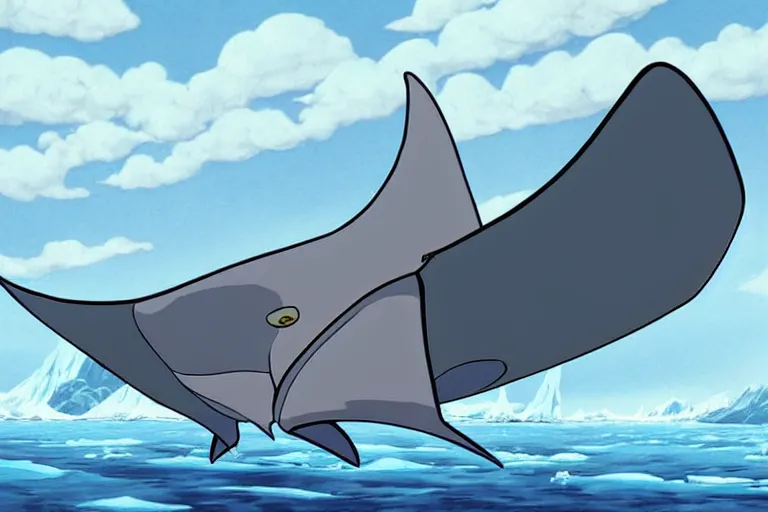 Image similar to cell shaded cartoon of a giant mechanized grey manta ray from howl's moving castle ( 2 0 0 4 ), in an icy river, full body, wide shot, very muted colors, post grunge, studio ghibli, highly detailed, deviantart, art by artgem