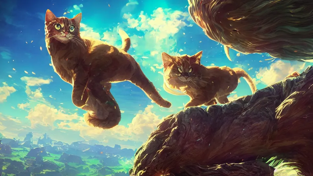 Prompt: a colossal floating meow meow hovering in the sky, beautiful fantasy painting, breath of the wild, vibrant colors, magical dream-like atmosphere, cinematic lighting, hyperdetailed 3D matte painting, 8k ultraHD octane render