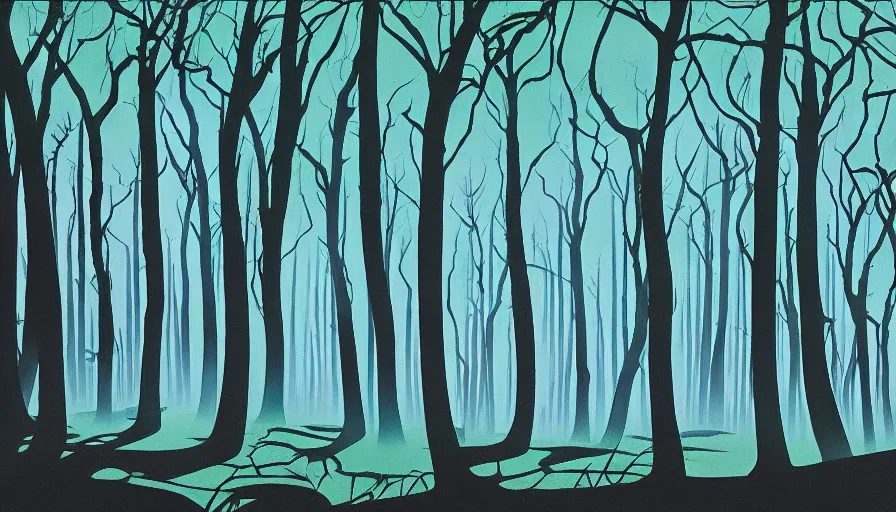 Image similar to eyvind earle disney background art of a beautiful dark fantasy forest