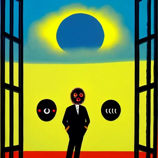 Image similar to guy billout painting. the sun has a face with many eyes and teeth. seen through the fog