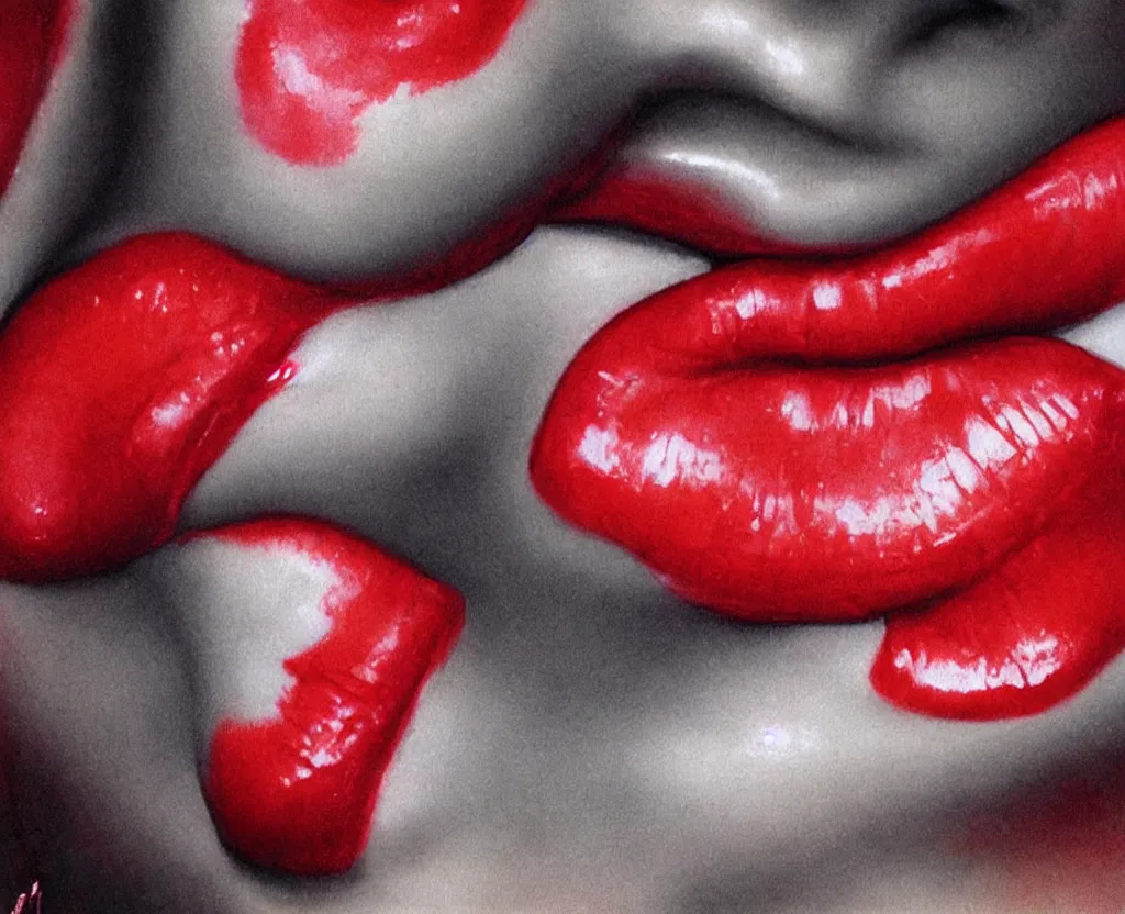 Image similar to realistic and detailed soft airbrush of a glossy scarlet red mouth on white background, inspired by 8 0's airbrush illustrations, art by masao saito