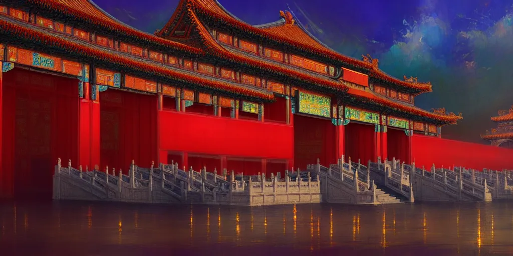 Image similar to Forbidden City by Neon Light, in the style of Cyberpunk Impressionism, Krenz Cushart, Moebius, and Muchain, Prismatic, Rococo, Pearlescent, reflective, shimmering, highly detailed, masterpiece, dreamy, concept art, Cinema lighting, 8k, trending on artstation