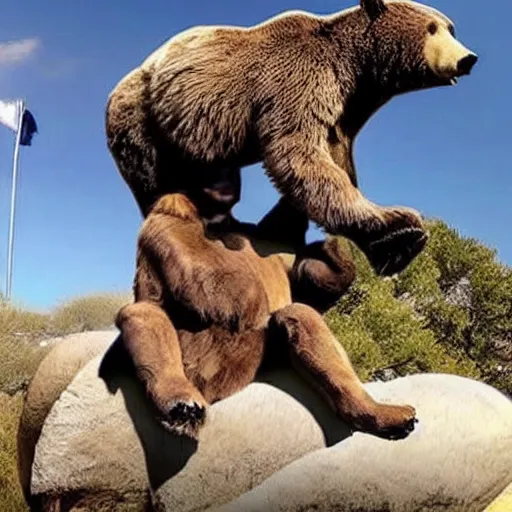 Image similar to photo of jerome powell riding on top of a bear, epic pose