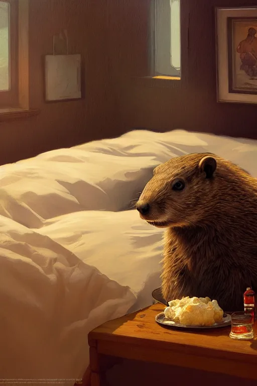 Prompt: groundhog cooking meth lies on the bed, realistic portrait, highly detailed, digital painting, artstation, concept art, smooth, sharp focus, illustration, cinematic lighting, art by artgerm and greg rutkowski and alphonse mucha