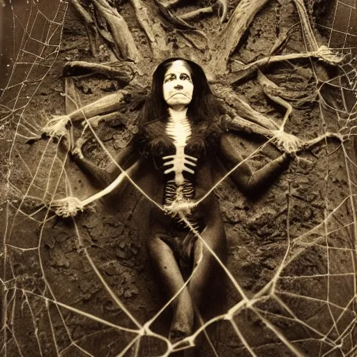 Image similar to 1860 photo of an old freak show body spider-woman, on the middle of a forest, spooky , veins, arteries, intricate, golden ratio, full frame, elegant, highly detailed, ornate, ornament, sculpture, elegant , luxury, beautifully lit, ray trace, 3d, PBR