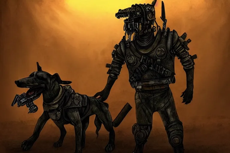 Image similar to a good ol'hound dog fursona ( from the furry fandom ), heavily armed and armored facing down armageddon in a dark and gritty version from the makers of mad max : fury road. witness me.