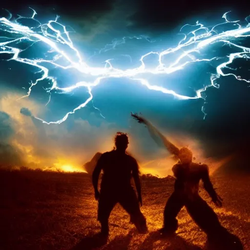 Image similar to Two people: one angel and one devil. Angel battling devil. Scene airborne in the clouds. Background lightning and explosions and black smoke. Backlit
