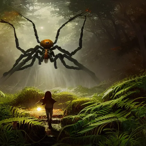 Prompt: an ugly giant spider, beautiful, realistic, atmosphere, vibe, forest, lot of trees, fern, flowers, concept art illustration, color page, tone mapping, akihiko yoshida, james jean, andrei riabovitchev, marc simonetti, digital illustration, greg rutowski, volumetric lighting, sunbeams, particles