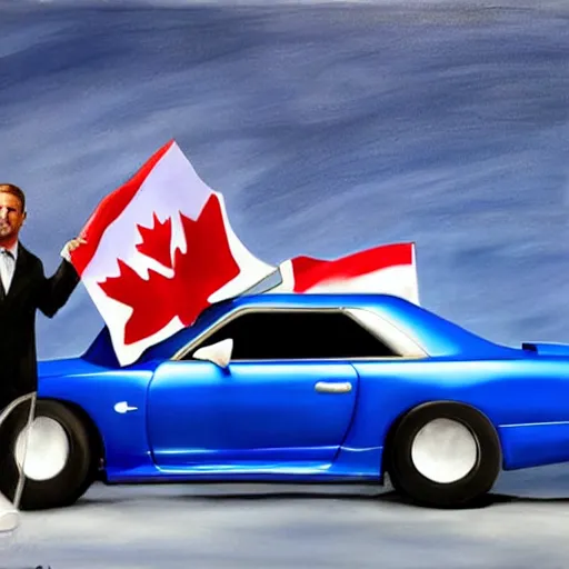 Image similar to Paul Walker holding Canadian flag next a blue r34 skyline, painting
