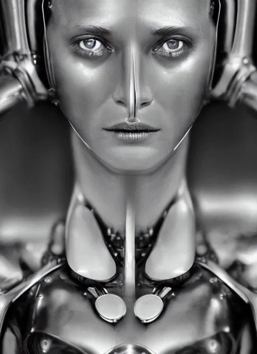 Prompt: hyper realistic and detailed closeup photo of a chrome female gynoid by annie leibovitz