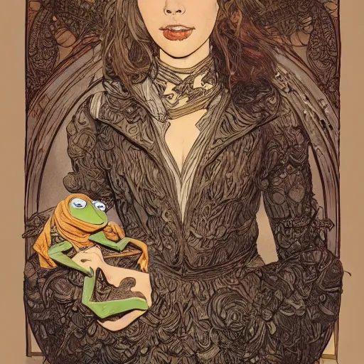 Image similar to a detailed picture of kermit the frog's tinder profile picture, intricate, elegant, highly detailed, digital painting, artstation, concept art, matte, sharp focus, illustration, art by rebecca guay and by arthur rackham and by alphonse mucha and by john william waterhouse