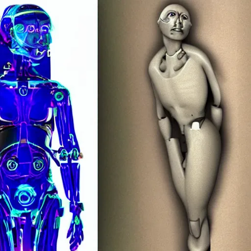 Prompt: An AI who has sublimated into a physical form that is humanoid and male. He has a long face, and his body is slender and graceful. He has a head, a torso, arms and legs but he doesn't look like a human being at all. He has a modern mechanical aesthetic. His skin is blueish transparent and you can see the energy inside him, with a glowing blue liquid running from his core through his body as blood would in a human being.