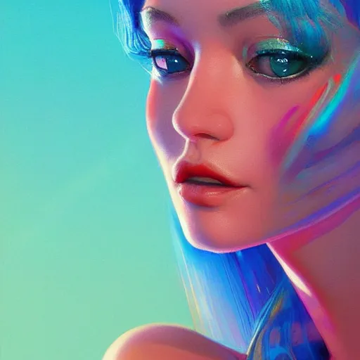 Prompt: hologram woman is bored, with cute - fine - face, pretty face, oil slick hair, realistic shaded perfect face, extremely fine details, by realistic shaded lighting, dynamic background, poster by ilya kuvshinov katsuhiro otomo, magali villeneuve, artgerm, jeremy lipkin and michael garmash and rob rey, pascal blanche, kan liu
